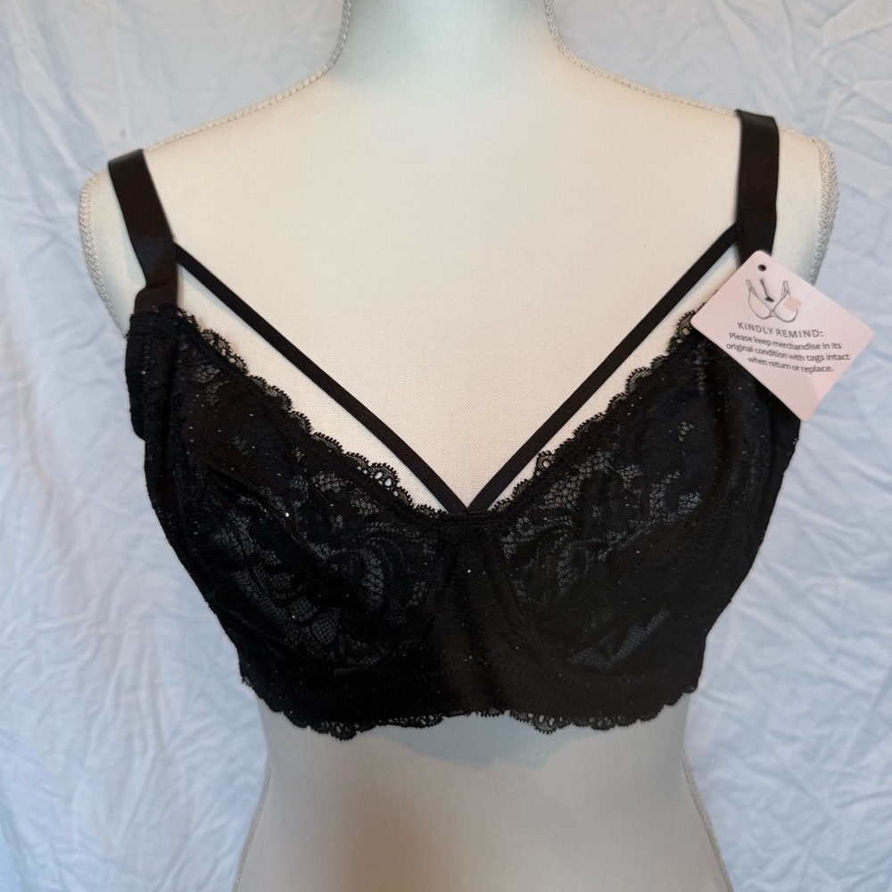 NWT Black Strappy Underwire 34DDDBra Lace Sparkle Lingerie Sexy